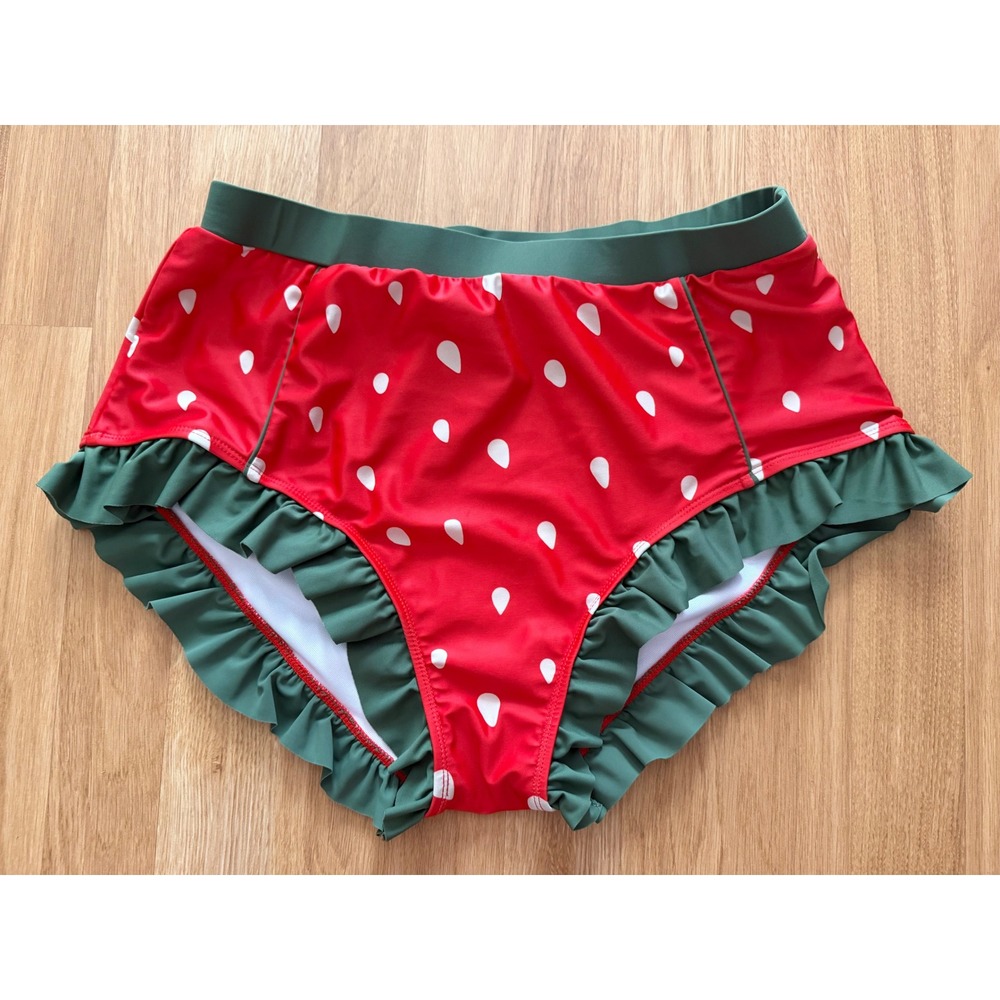 Women's 2XL Strawberry Watermelon Ruffle High Waist Bikini Swim Bottom Red Green